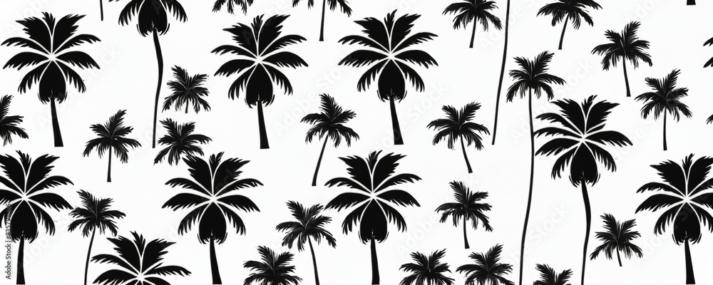 Black and white silhouette palm tree pattern on white background

