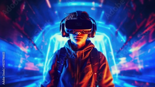 People wearing VR goggle while enter metaverse with neon color background. People with VR headset against abstract neon pattern background. Concept of virtual reality and futuristic technology. AIG35.