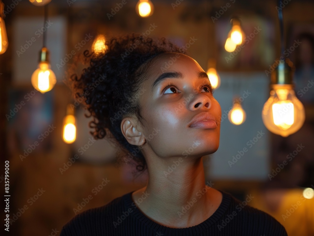Eureka Moment - Person Looking Up at Inspiring Light Bulb Eureka Moment - Person Looking Up at Inspiring Light Bulb