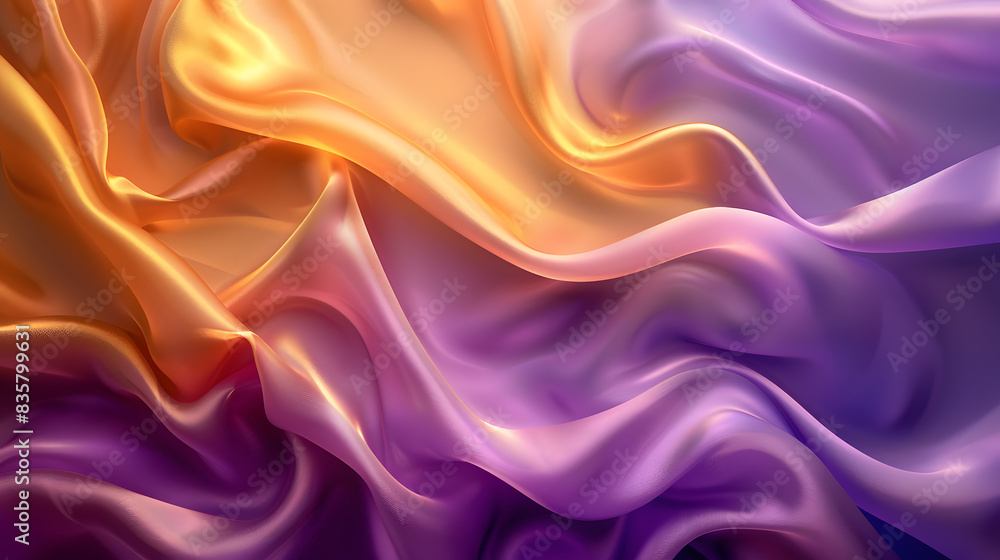 3D Wave Bright Gold and Purple Gradient Silk Fabric Background. Generative AI.