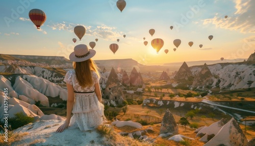 Serene Dawn Balloon Flight Over Cappadocia: Woman Admiring Vast Sky, horizontal banner with copy space