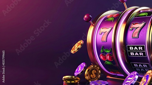 3d casino slot machine purple game background. Lucky blank gambling banner for jackpot online. ​