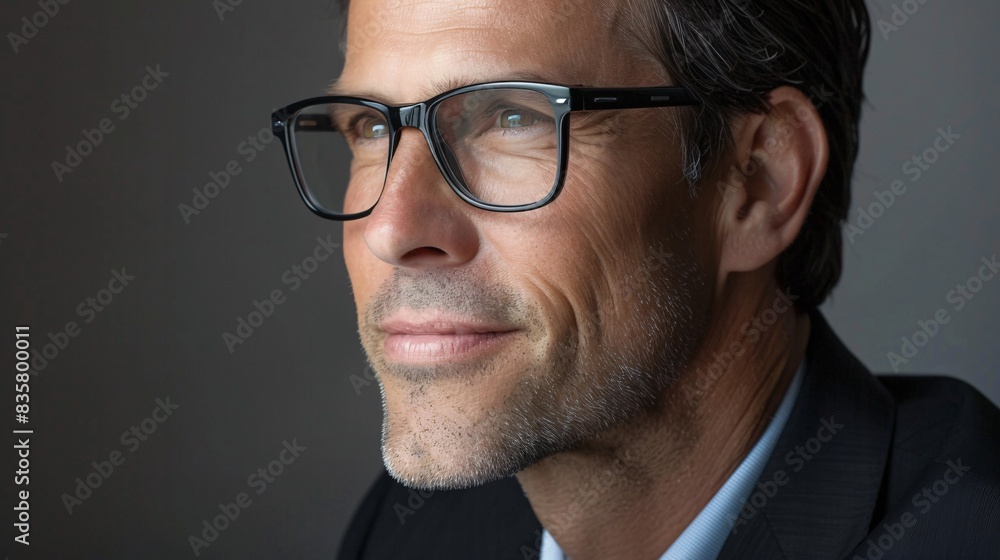 Confident Middle-Aged Man with Glasses Looking Ahead Thoughtfully - Perfect for Professional, Business, and Inspirational Confident Middle-Aged Man with Glasses Looking Ahead Thoughtfully - Perfect for Professional, Business, and Inspirational