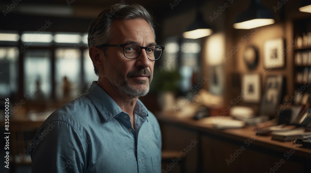 Mature Man with Glasses in Cozy Office Setting, Reflective Expression and Thoughtful Atmosphere Mature Man with Glasses in Cozy Office Setting, Reflective Expression and Thoughtful Atmosphere