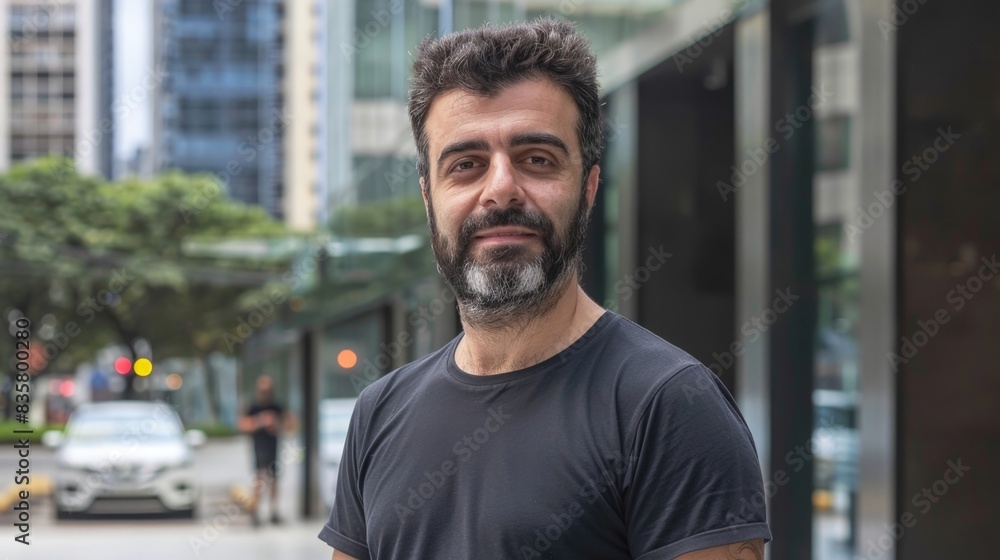 Confident Urban Man Smiling Against Cityscape with Modern Buildings, horizontal banner with copy space Confident Urban Man Smiling Against Cityscape with Modern Buildings, horizontal banner with copy space