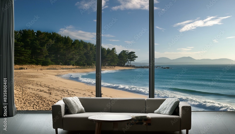 Fototapeta premium luxury living room with a view on the tropical beach with white sands and turquoise water 
