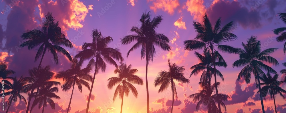 Silhouetted palm trees at sunset with vibrant sky