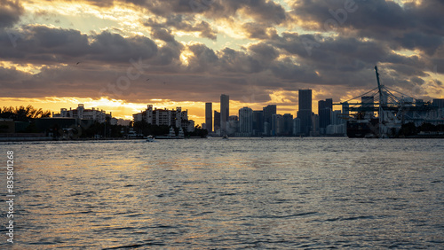 Miami skyline sunset with clouds and colors