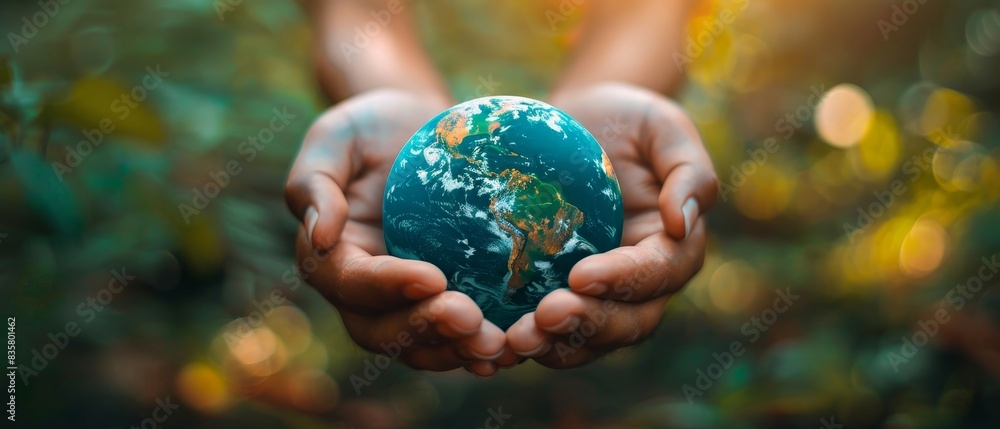 Hands holding a small globe representing Earth with a lush green ...
