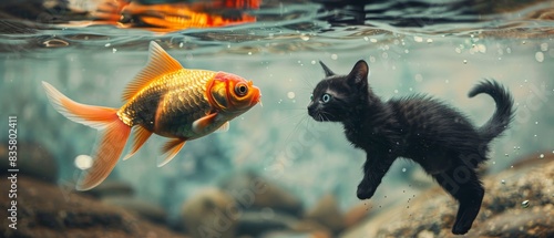 Cute black kitten and colorful goldfish underwater in a unique and adorable encounter. Stunning moment captured in nature.