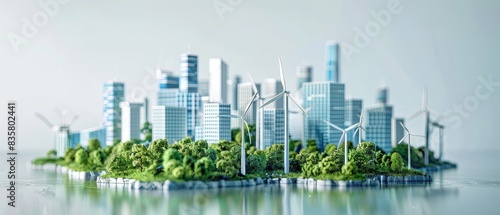 Futuristic eco-friendly city with skyscrapers, green spaces, and wind turbines on island surrounded by water, concept of sustainable urban planning.