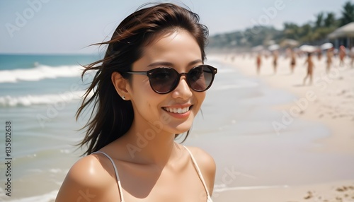 Portrait of a Cheerful Asian Japanese, Korean young woman, girl. wearing sun glasses. fashion model, close-up. smiling. Beach, vacation, sea.  © Gia