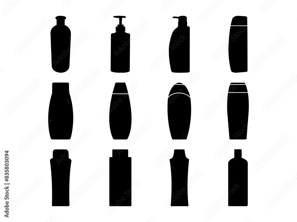 Set of Shampoo Bottle Silhouette in various poses isolated on white background Set of Shampoo Bottle Silhouette in various poses isolated on white background