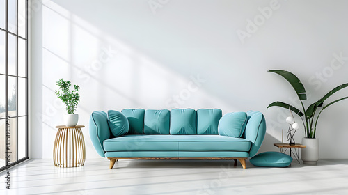 Turquoise sofa in spacious room against blank white wall with copy space. Scandinavian interior design of modern living room, home.