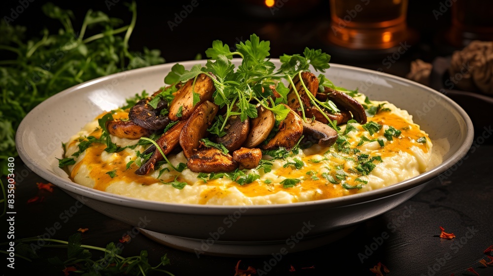 A warm bowl of creamy risotto with saffron, mushrooms, and parmesan cheese  