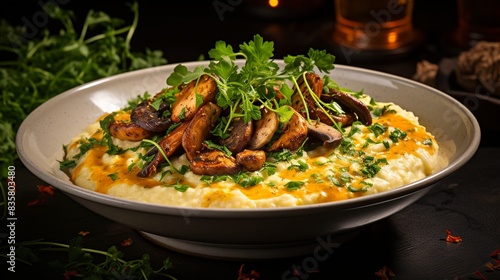 A warm bowl of creamy risotto with saffron, mushrooms, and parmesan cheese 