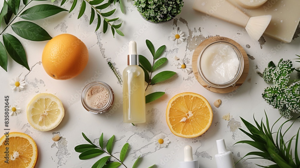 Top view of organic cosmetic products on table Top view of organic cosmetic products on table