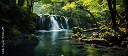 Nature s forest landscape showcases a picturesque waterfall cascade with a water stream  offering a beautiful scene with a copy space image.