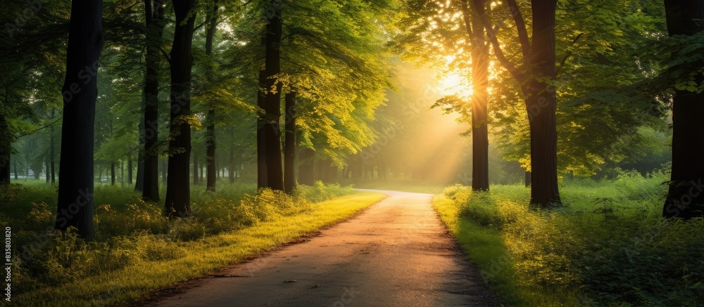 Fototapeta premium Vibrant green trees in a serene autumn forest illuminated by dappled sunlight, creating a picturesque natural scene for a copy space image.
