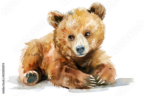 Cute watercolor painting of a bear cub lying down.