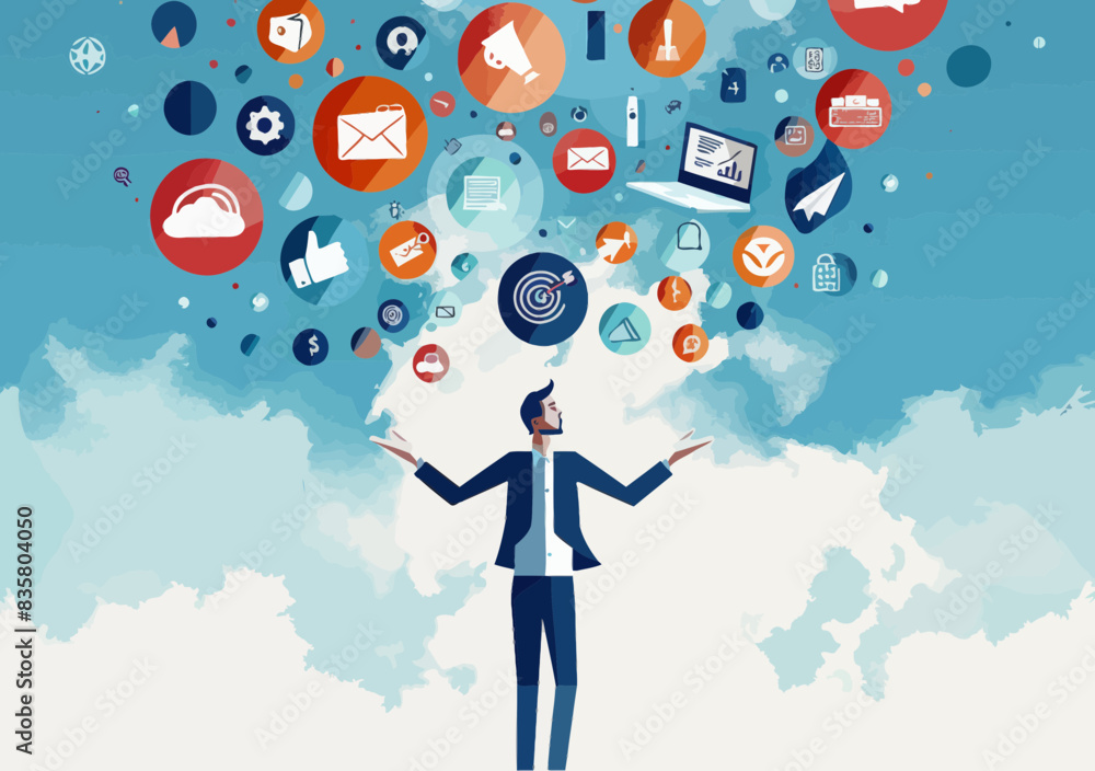 Businessman Juggling Multiple Business Tasks and Responsibilities Icons in the Sky Concept Vector Illustration Minimalist Style Businessman Juggling Multiple Business Tasks and Responsibilities Icons in the Sky Concept Vector Illustration Minimalist Style