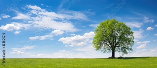 A lone tree set against a clear blue sky and green grass  featuring a spacious background for adding imagery or text  known as a  copy space image. 