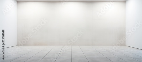 Art gallery interior featuring an empty white wall illuminated by spotlights  providing a suitable background for a copy space image.