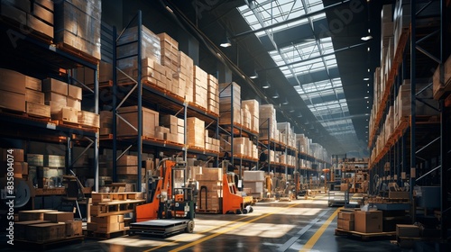 A well-organized warehouse with shelves of products, forklifts in operation, and workers efficiently managing inventory.   © Awais