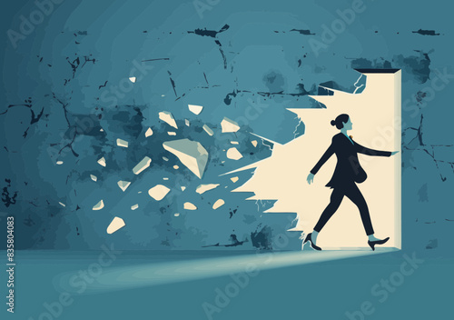 Businesswoman Breaking Through Wall Abstract Concept Illustration Success Achievement Overcoming Barriers Determination Minimalistic Vector Art