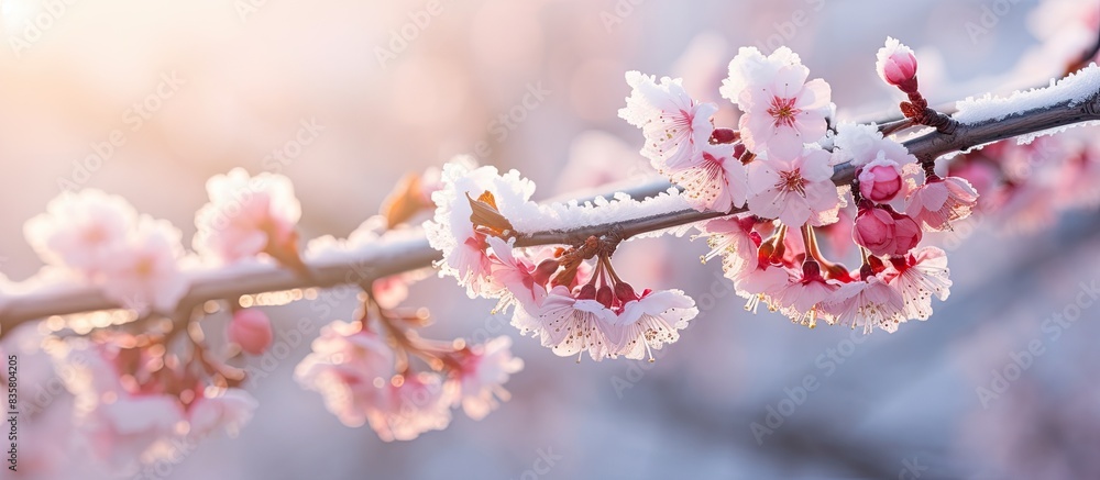 Spring's surprise snowfall blankets blooming apple tree flowers with snow in the garden, creating a picturesque scene for a copy space image. Spring's surprise snowfall blankets blooming apple tree flowers with snow in the garden, creating a picturesque scene for a copy space image.