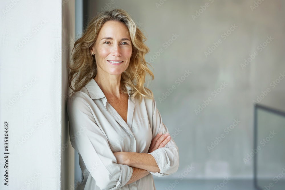 Portrait of a confident woman smiling, standing by a window with natural light. Portrait of a confident woman smiling, standing by a window with natural light.