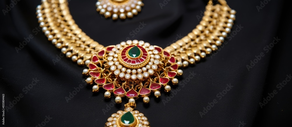 Fototapeta premium An elegant Indian gold necklace adorned with colorful gemstones, creating a breathtaking piece with a beautiful design perfect for any occasion. Copy space image. Place for adding text and design