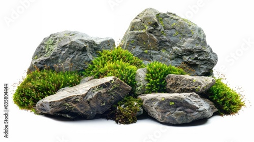 Stones and moss with a natural backdrop isolated on a white background