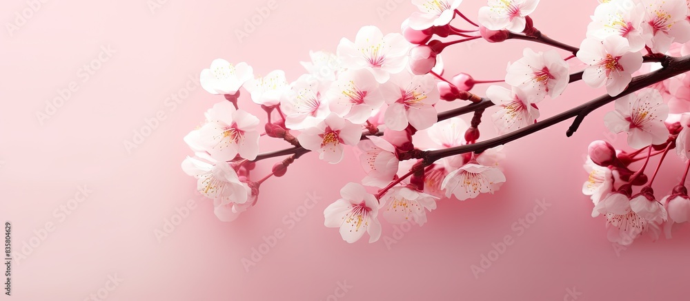 Single Japanese pink cherry blossom petal on white backdrop with copy space image.