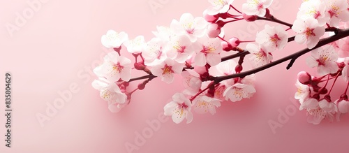 Single Japanese pink cherry blossom petal on white backdrop with copy space image.