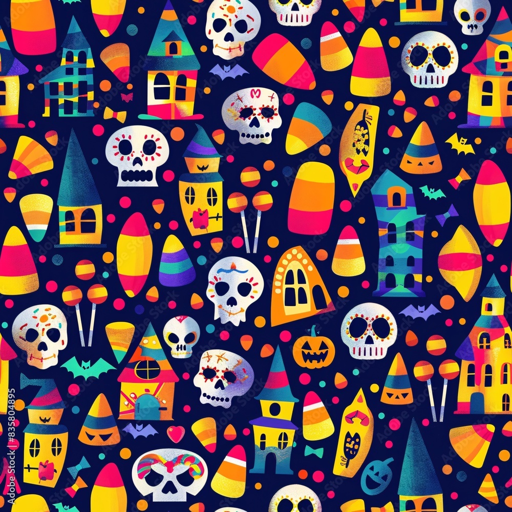 A colorful seamless pattern with Halloween motifs like candy corn, skulls, and haunted houses forming a repetitive and festive design A colorful seamless pattern with Halloween motifs like candy corn, skulls, and haunted houses forming a repetitive and festive design