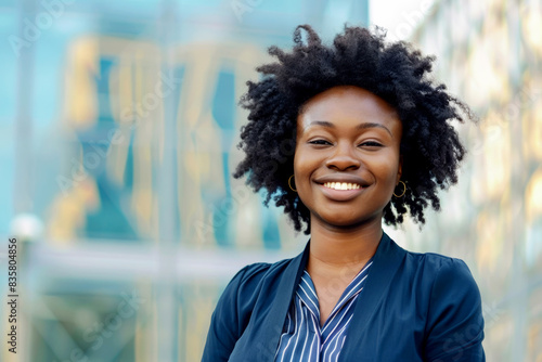 Confident woman with an afro smiling outdoors in an urban setting.