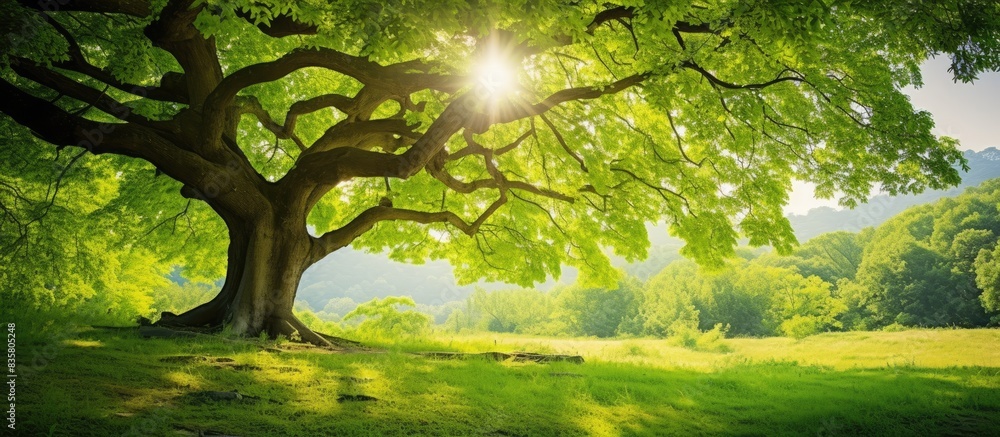 Fototapeta premium A stunning copy space image with sunlight filtering through the twisted branches of an impressive green tree.