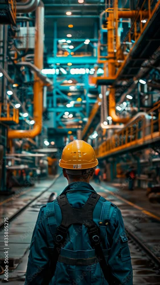 A man in a yellow helmet stands in a large industrial building. The building is filled with pipes and machinery A man in a yellow helmet stands in a large industrial building. The building is filled with pipes and machinery