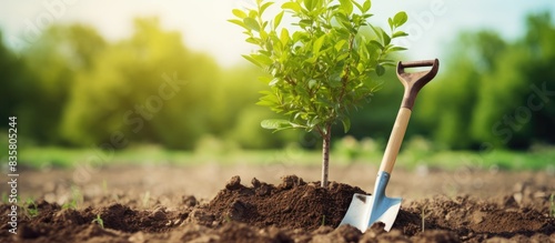 A gardener is watering a newly planted apple tree seedling with a bucket, creating a serene image with copy space.