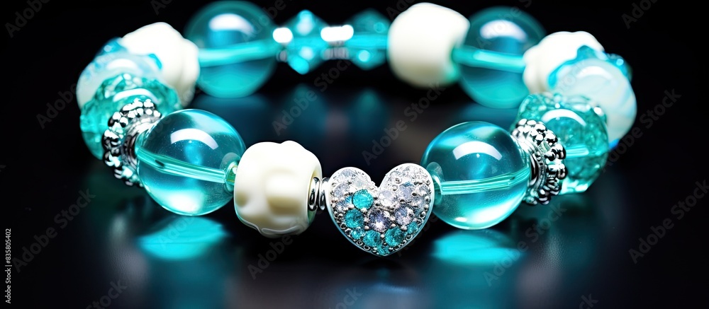 A blue bracelet adorned with a turquoise gemstone is showcased in the copy space image. A blue bracelet adorned with a turquoise gemstone is showcased in the copy space image.