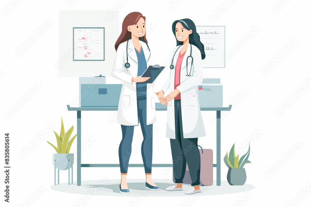 Friendly illustrated depiction of two female doctors in a medical office.