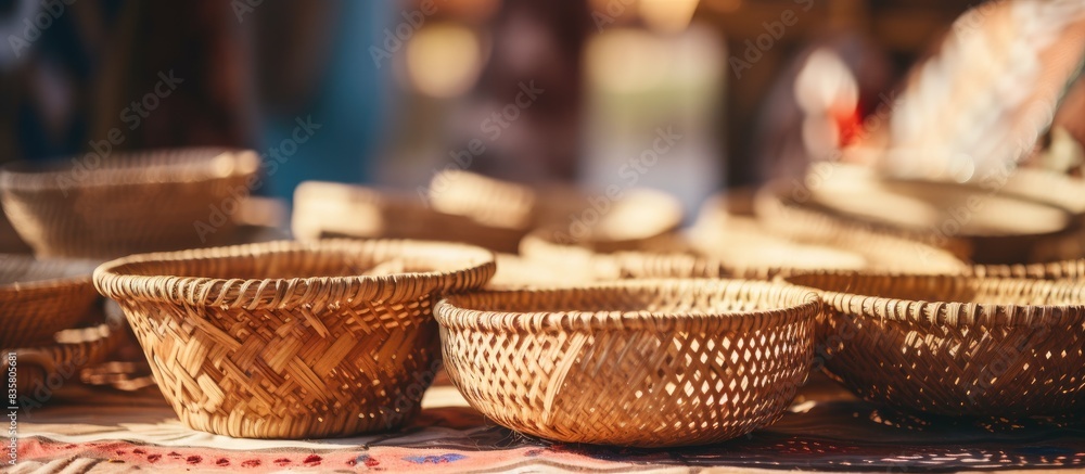 Fototapeta premium Handcrafted Saudi Arabian bamboo basket with vibrant colors, featuring intricate traditional design - with copy space image.
