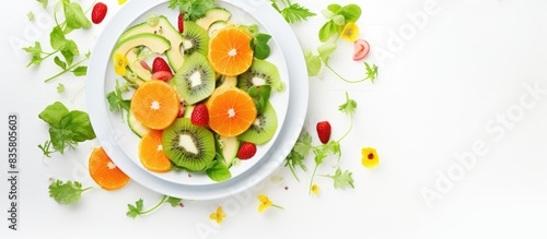 Fresh salad with fruits and greens displayed on a white wooden backdrop in a top view orientation  ideal for adding text in the available copy space image. Promoting a healthy diet.