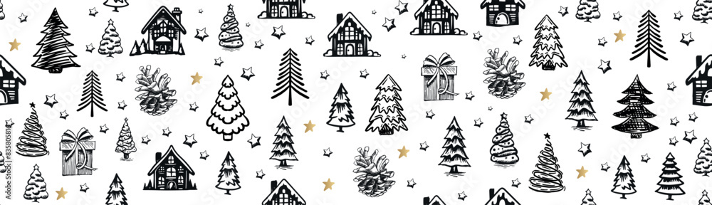 Christmas house and tree drawn illustrations Christmas house and tree drawn illustrations