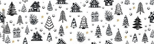 Christmas house and tree drawn illustrations	