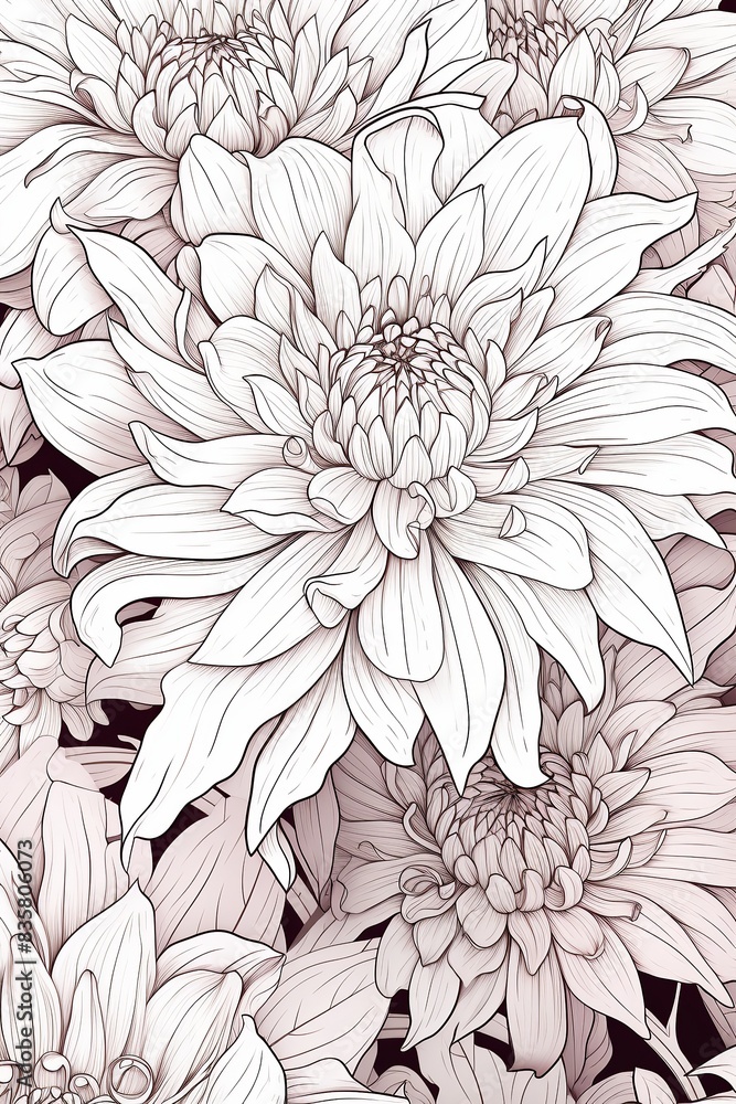 Intricate monochrome illustration of blooming chrysanthemums highlighting delicate petal details, perfect for botanical designs and art projects. Intricate monochrome illustration of blooming chrysanthemums highlighting delicate petal details, perfect for botanical designs and art projects.