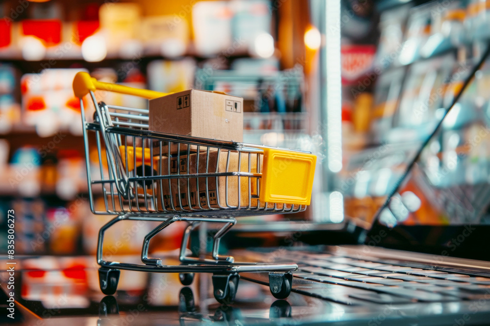 Shopping cart filled with boxes on a laptop keyboard, representing online shopping. Shopping cart filled with boxes on a laptop keyboard, representing online shopping.