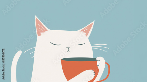 White cat enjoying a hot cup of coffee or tea