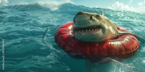 grey shark swimming in a inflated swimming ring in the ocean photo